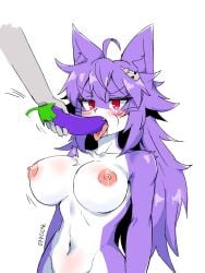 077cicok 2023 big_breasts blush breasts digital_media_(artwork) domestic_cat eggplant felid feline felis female food fruit hair hi_res long_hair looking_at_viewer mammal navel nekozawa nipples object_in_mouth plant purple_hair red_eyes simple_background solo white_background