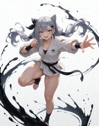 1girls ai_generated ass blue_eyes blush cameltoe feet female fist hololive hololive_indonesia hololive_indonesia_holoh3ro ink ink_splatter karate_gi kicking knee_up large_breasts leg_up long_hair on_one_leg paint_splatter posing smile thick_thighs thighs toeless_legwear toes vestia_zeta virtual_youtuber white_hair white_panties wide_hips