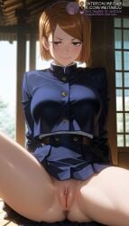 1girls ai_generated anus arm_support belt blue_jacket blue_skirt blurry blurry_background blush breasts brown_eyes brown_hair buttons clitoral_hood clitoris closed_mouth crop_top cropped_jacket day east_asian_architecture female half-closed_eyes high-waist_skirt indoors jacket jujutsu_kaisen jujutsu_tech_uniform knee_up kugisaki_nobara large_breasts long_sleeves looking_at_viewer meitabuu miniskirt naughty_face no_panties nobara_kugisaki patreon_username pleated_skirt pussy school_uniform shirt short_hair sitting skirt sliding_doors smile smirk smug solo spread_legs thighs uncensored v-shaped_eyebrows