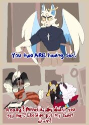 2022 3boys andrew_(hellhoundzzzzz) angel angel_wings anthro bare_thighs barefoot bedroom bedroom_setting blue_eyes blush canine clothed collar cross crossdressing dedoggyskullz dress_shirt eyebrows feline femboy freckles furry gay girly glasses halo heart_symbol hellhoundzzzzz huge_ass huge_hips huge_thighs laying_on_bed long_hair male male/male meme missielle_(wkkeezy) moochi_(deaddoggyskullz) phone reference shirt size_difference tablet tail voluptuous_male wkkeezy(artist)