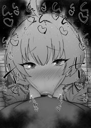1boy 1girls :>= ahoge big_penis black_and_white blowjob blue_archive blush breasts censored dark-skinned_male dark_skin deepthroat deepthroat_mark detailed_background drooling eyelashes fellatio female heart human indoor inside interracial kurotama long_hair looking_at_viewer male male_pov oral oral_sex penis pov room saliva saliva_trail shiny shiny_skin sketch small_breasts sound_effects squatting sweat text tongue_out vein veins veiny veiny_penis yoshimi_(blue_archive)