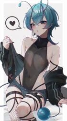 1boy 2d akumana alien antennae antennae_(anatomy) blue_eyes blue_hair blush bodysuit bulge crossdressing earrings eyeliner eyeshadow femboy fishnets fully_clothed garter_belt jacket ripped_pants shuu_sakurai solo speech_bubble tail twink vtuber