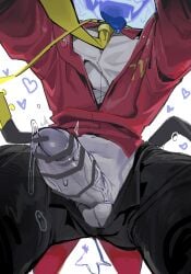 1boy asd1565326 balls bar_censor black_pants blue_tongue censored colored_tongue deltarune erection fangs heart highres leash male male_focus necktie object_head open_fly open_mouth pants penis pointless_censoring precum shirt simple_background solo sweat tailcoat tenna_(deltarune) testicles tongue tongue_out veins veiny_penis viewer_holding_leash white_background white_shirt yellow_collar yellow_necktie