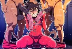 1girls 2boys ai_generated animal_genitalia_on_humanoid cock_worship dragon_ball drooling equine equine_penis female fenel horsecock horsecock_on_humanoid human_on_anthro human_with_animal_genitalia human_with_horsecock male novelai oc original_character penis_pressed_against_face racing_suit saiyan saiyan_girl saiyan_tail smile that_guy9001 threesome