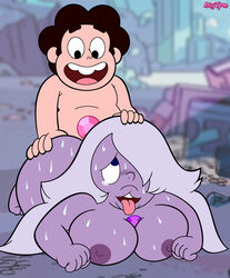 1boy 1girls :3 amethyst_(steven_universe) ass ass_grab bean_smile bigtyme blushing breasts cartoon_network doggy_style female gem_(species) kneeling large_breasts looking_at_viewer nipples official_style purple_skin pussy sex smiling steven_quartz_universe steven_universe sweat tongue_out young