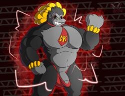 absurd_res anthro ape barely_contained big_pecs bulge clothing donkey_kong donkey_kong_(character) donkey_kong_(kong_bananza) donkey_kong_(series) donkey_kong_bananza electricity flexing flexing_muscles gorilla haplorhine hi_res humanoid kong_bananza male male_only mammal muscular muscular_anthro navel nintendo pecs possbooty power-up primate solo speedo swimwear thick_thighs top_heavy