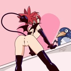 1:1 animated anus avian bent_over biped bird bodily_fluids clothed clothing demon demon_humanoid disgaea duo etna_(disgaea) genitals hair hi_res humanoid latex latex_clothing latex_legwear legwear looking_back nippon_ichi_software penguin pupils red_eyes red_hair short_playtime simple_background smile spade_tail sweat tail thigh_highs vulva zedrin