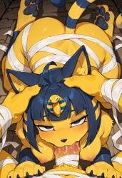 1boy 1girls ahoge ai_generated ankha ankha_(animal_crossing) anthro anthro_on_anthro arched_back areola_slip armwear bangs black_body black_fur blowjob blowjob_face blue_eyes blush blush_lines bob_cut breasts cat_ears claws collar dark-skinned_male dark_blue_eyes egyptian egyptian_clothes egyptian_clothing egyptian_headdress egyptian_mythology eyelashes eyeliner feline feral feral_on_feral furry half-closed_eyes holding holding_penis kneeling legwear licking licking_penis medium_breasts mummy_costume mummy_wrappings nipples paws short_hair sleepy squatting tail thick_thighs thighs wrappings yellow_body yellow_fur