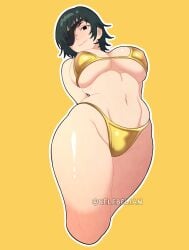 1girls black_hair celebelian chainsaw_man eye_patch female female_only golden_bikini himeno_(chainsaw_man) looking_at_viewer low-angle_view solo solo_female solo_focus stomach underboob yellow_background
