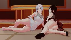 2girls black_hair black_hair_female blue_eyes dress lifting_dress long_hair long_hair_female mr.perrozuela no_panties pose posing red_dress ruby_rose rwby scar_across_eye silver_eyes weiss_schnee white_dress white_hair white_hair_female