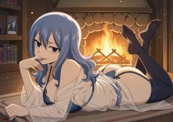 ai_generated ass bangs black_legwear blue_bra blue_eyes blue_hair blue_panties bookshelf bra breasts candle cleavage eyebrows_visible_through_hair fairy_tail feet feet_up female fire fireplace garter_belt garter_straps hair_between_eyes indoors juvia_lockser large_breasts legs_up lingerie long_hair looking_at_viewer lying medium_breasts mole nail_polish on_stomach panties phibsai see-through smile solo the_pose thighhighs tongue tongue_out underwear wooden_floor