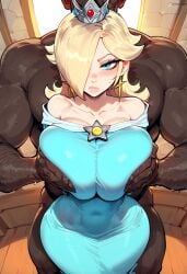 1boy 1girls ai_generated big_breasts blonde_hair blue_dress blue_eyes breasts breasts_grab clothing crown dark-skinned_male dark_skin dominant_male duo enormous_breasts female gigantic_breasts grabbing_breasts hands_on_breasts huge_breasts human human_on_human human_only indoors interracial large_breasts light-skinned_female light_skin looking_at_viewer male male/female mario_(series) mature mature_female mature_male muscles muscular muscular_male nintendo nude nude_male nude_male_clothed_female princess princess_rosalina royalty squeezing_breast straight submissive_female super_mario_bros. unseen_male_face voluptuous voluptuous_female zawuardo