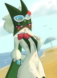 absurd_res ambiguous_fluids anthro beach beach_style_meowscarada beach_umbrella belly breast_curtains breasts condom dripping female flower_accessory food game_freak generation_9_pokemon genitals hi_res meowscarada moccimew navel nintendo parasol pokemon pokemon_(species) pokemon_unite popsicle popsicle_in_mouth popsicle_melting pussy sexual_barrier_device shy side_boob small_breasts solo vulva