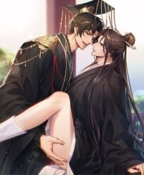 2boys absurdres adam's_apple anal beads black_hair black_hanfu black_ribbon black_sash blue_eyes brown_hair chinese_clothes chinese_hairpin chu_wanning clenched_teeth cum day erha_he_tadebai_mao_shizun eye_contact furrowed_brow gradient_sky guan_hat hair_ornament hair_ribbon hairpin hanfu highres korean_commentary long_hair long_sidelocks long_sleeves looking_at_another male_focus mian_guan mo_ran multiple_boys open_mouth outdoors railing ribbon sash sex sidelocks sitting sky smile sparkle sweatdrop taxian-jun teeth topknot upper_teeth_only wide_sleeves yaoi zehel_az