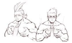 4boys all_might bara barazoku blonde_hair blush boobjob endeavor_(my_hero_academia) enji_todoroki gay gay_sex grabbing_own_pecs holding_own_breast male male_only muscles muscular muscular_male my_hero_academia pecjob precum red_hair shoguru superhero toshinori_yagi yaoi