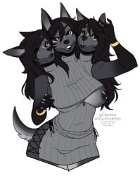 2022 3_heads 5_fingers alpha_channel anthro black_hair black_nipples black_sclera breasts canid canid_demon canine cerberus demon digital_media_(artwork) european_mythology female fingers greek_mythology grey_body hellhound hi_res kittydee mammal multi_head multifur mythological_canine mythological_creature mythology nipples one_breast_out orange_eyes simple_background smile solo the_crescent_sisters transparent_background zipper