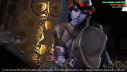 27bits boots boots_removed dialogue feet foot_fetish foot_focus foot_play massage overwatch purple_body purple_hair purple_skin soles stinky stinky_feet sweat sweaty sweaty_feet toes widowmaker yellow_eyes