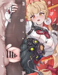 1boy :o absurdres alice_thymefield animal_ears bar_censor black_skirt blonde_hair blush breasts censored commentary daram_(shappydude) female fingerless_gloves gloves hand_on_own_leg heterochromia highres indoors large_breasts large_variant_set long_hair orange_eyes pantyhose penis pleated_skirt red_eyes revision sex shirt skirt split standing standing_on_one_leg standing_sex standing_split straight sweat torn_clothes torn_pantyhose vaginal_penetration variant_set white_shirt zenless_zone_zero