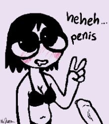 black_hair blush boobs bra chubby chubby_female disembodied_penis funny joke meme nojuno penis pixel_art tagme