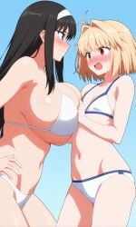 2girls ahoge ai_generated arcueid_brunestud asset_stealing asset_theft big_breasts bikini_bottom bikini_top black_hair blonde_hair blue_eyes breast_envy breast_focus breasts breasts_bigger_than_head enormous_breasts flat_chest hairband huge_breasts large_breasts long_hair looking_at_another melty_blood red_eyes short_hair size_difference swimsuit taller_girl tohno_akiha tsukihime