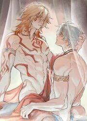 2boys abs antenna_hair arm_tattoo baikkkun black_choker blonde_hair blue_eyes blush braid chest_tattoo choker eye_contact facial_tattoo gay gay_male grabbing_another's_hair gradient_hair holding_another's_hair honkai:_star_rail honkai_(series) looking_at_another male_focus medium_hair multicolored_hair multiple_boys mydei_(honkai:_star_rail) neck_tattoo parted_bangs parted_lips pectorals phainon_(honkai:_star_rail) red_hair red_tattoo short_hair side_braid sitting sitting_on_lap sitting_on_person sun_symbol sun_tattoo tattoo toned toned_male towel towel_around_waist white_hair yaoi yellow_eyes