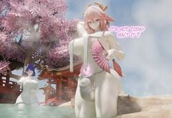 1futa 1girls 3d bansimp dialogue futanari genshin_impact hot_spring hoyoverse mihoyo pink_hair purple_hair raiden_shogun text yae_miko