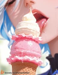 1girls ai_generated blue_hair blurry_background close-up closed_eyes female food furina_(genshin_impact) ice_cream licking lips multicolored_hair open_mouth salvia sexually_suggestive solo tongue tongue_out white_hair