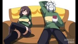 animated animation arm_up asriel_dreemurr big_breasts black_stockings boots bouncing_boobs bouncing_breasts breasts chara chara_(undertale) couch english_text fanmade_design female_chara fingering fingering_self lifted_shirt light_skin light_skinned_female living_sex_toy long_sleeve_shirt long_sleeves longer_than_10_seconds looking_at_phone masturbation meme music nipples red_eyes short_brown_hair short_brown_hair_female short_hair smooth_skin stockings tagme text thrusting unaware undertale video video_game_character video_games zukafu_shimoto