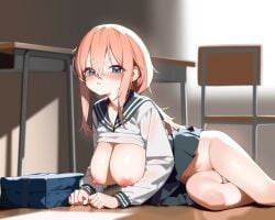 absurdres bag black_sailor_collar black_skirt blue_bag blue_eyes blurry blurry_background blush bottomless breasts censored chair clothes_lift commentary_request desk female highres large_breasts long_hair long_sleeves looking_at_viewer michinoku_komaro mosaic_censoring nipples no_bra no_panties on_floor pink_hair pussy sailor_collar school_bag school_chair school_desk school_uniform seitokai_ni_mo_ana_wa_aru! serafuku shirt shirt_lift skirt skirt_lift solo thighs white_shirt yunjuice