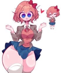 1girls 2d 2d_(artwork) big_breasts blue_eyes blush bottom_heavy breasts chibi clothed clothed_female clothing curvaceous curvy curvy_female curvy_figure doki_doki_literature_club female female_only hairbow heart heart_symbol hourglass_figure huge_thighs ineffective_skirt jacket large_breasts miniskirt no_panties reinsleif rox_hoxten sayori_(doki_doki_literature_club) school_uniform schoolgirl shiny_skin skirt skirt_lift slim_waist small_waist solo solo_female strawberry_blonde_hair thick_thighs thighhighs thighs triangle_mouth voluptuous voluptuous_female white_background wide_hips