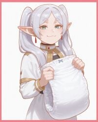 >:3 :3 ai_generated beautiful_face border closed_mouth earrings female frieren_(sousou_no_frieren) good_hands green_eyes grey_hair holding holding_folded_diaper jewelry long_hair long_sleeves looking_at_viewer offering_to_viewer pillow pointy_ears simple_background smile smug solo twintails white_background white_dress white_hair