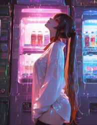 1girls ai_generated black_thighhighs breasts brown_hair cowboy_shot female from_side hu_tao_(genshin_impact) long_hair long_sleeves looking_up medium_breasts neon_lights ponytail rain red_eyes see-through see-through_shirt shirt sidelocks solo thighhighs vending_machine very_long_hair wet wet_clothes wet_skin white_shirt
