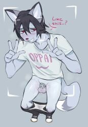 anthro awkward balls black_hair blue_background blue_body blush blush_lines bodily_fluids bottomwear bottomwear_down catzino chastity_cage chastity_device clothed clothing domestic_cat felid feline felis footwear genital_fluids genitals grey_body hair hi_res humiliation leaking_precum loser male mammal nervous oppai_shirt pants pants_down partially_clothed precum recording red_eyes shirt shoes short_hair shy simple_background solo stain stained_underwear submissive submissive_anthro submissive_male sweat sweatdrop taking_picture topwear underwear underwear_down white_body