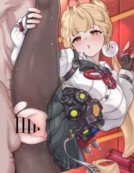 1boy :o absurdres alice_thymefield animal_ears bar_censor black_skirt blonde_hair blush breasts censored daram_(shappydude) female fingerless_gloves gloves hand_on_own_leg heterochromia highres indoors large_breasts long_hair md5_mismatch orange_eyes pantyhose penis pleated_skirt red_eyes sex shirt skirt split standing standing_on_one_leg standing_sex standing_split straight sweat torn_clothes torn_pantyhose vaginal_penetration white_shirt zenless_zone_zero