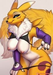 2025 4_fingers anthro areola bandai_namco biped black_sclera blue_eyes bra bra_up breasts canid canine claws clothed clothed_anthro clothed_female clothing countershade_torso countershading digimon digimon_(species) digital_media_(artwork) exposed_breasts female finger_claws fingers front_view fur hi_res kyotoleopard looking_at_viewer mammal navel neck_tuft nipples panties panties_down pantsless pantsless_anthro pantsless_female partially_clothed partially_clothed_anthro partially_clothed_female renamon simple_background smile solo standing tail tuft underwear underwear_down underwear_only yellow_body yellow_fur yellow_tail