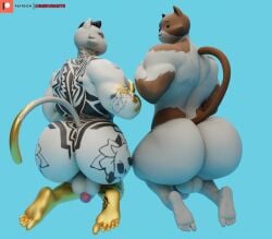 3d_(artwork) 5_toes anthro ass back_tattoo backsack balls big_butt black_hair blue_background brown_body brown_fur butt_tattoo calico_cat camseven cheek_tuft digital_media_(artwork) domestic_cat duo epic_games facial_tuft feet felid feline felis fortnite fur fur_tuft genitals gold_body hair hi_res humanoid_feet kneeling male mammal meowdas meowscles multicolored_body multicolored_fur muscular muscular_anthro muscular_male neck_tattoo nude_anthro nude_male patreon patreon_logo penis plantigrade raised_tail simple_background smile tail tattoo toes tuft white_body white_fur
