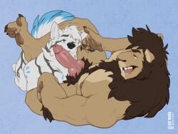 2024 4:3 animal_genitalia animal_penis anthro anthro_on_anthro arm_tuft artist_name barazoku big_penis biped bird's-eye_view blue_background blue_body blue_eyes blue_fur body_hair brown_body brown_fur brown_mane canid canine canine_genitalia canine_penis canis chest_hair claws duo elbow_tuft erection feet felid finger_claws fingers fur genital_piercing genitals grey_body grey_fur happy_trail heterochromia high-angle_view humanoid_feet humanoid_hands imminent_oral interspecies knot knotted_penis lion looking_at_another male male/male mammal mane mismatched_genitalia mismatched_penis multicolored_body multicolored_fur open_mouth pantherine pawpads penis penis_piercing piercing plantigrade pubes silus_bauer simple_background tail teeth text toe_claws toes tongue tuft vein veiny_penis wadaji white_body white_fur wolf yellow_eyes