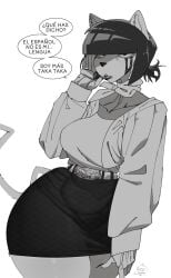 big_ass big_breasts big_butt big_thighs big_titties black_and_white black_hair cat_ears cat_tail catgirl clothing curvaceous curvaceous_female curvaceous_figure curvy curvy_figure curvy_hips female female_focus female_only furry furry_female furry_only looking_at_viewer monochrome orca_limon original original_character short_hair spanish_text text text_bubble