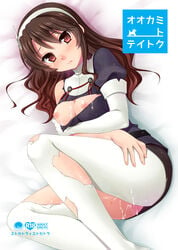 ashigara_(kantai_collection) blush breasts brown_eyes brown_hair cover cover_page doujin_cover hairband hazuki_(etcxetc) kantai_collection long_hair lying miniskirt nipples pussy_juice skirt thighhighs torn_clothes torn_thighhighs