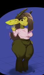 big_ass big_breasts big_breasts big_butt big_thighs big_titties brown_hair clothing curvaceous curvaceous_female curvaceous_figure curvy curvy_figure curvy_hips elf_ears female female_focus female_only goblin goblin_female green_body green_skin long_hair orca_limon shortstack