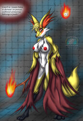 2013 3_toes angry blush breasts brown_nose canine clothing delphox erect_nipples female fire fox fur looking_at_viewer mahoxy nintendo nipples orange_eyes pokemon pussy red_nipples snowfyre solo standing stick text video_games white_fur white_skin wood yellow_fur yellow_skin