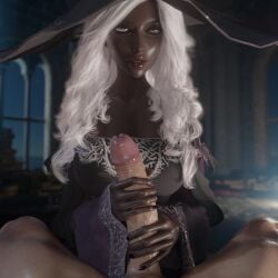 1boy 1boy1girl 1girls 3d 3d_(artwork) blender_(software) clothed_female_nude_male dark-skinned_female dark_skin elden_ring elden_ring_nightreign handjob hat koyz3d light-skinned_male light_skin long_hair looking_at_viewer penis_grab recluse_(nightreign) self_upload white_hair witch witch_hat