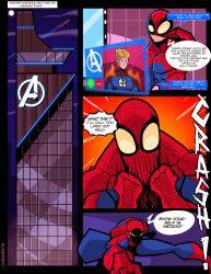 avengers_tower clothed_male color comic costume dialogue fantastic_four human_torch johnny_storm marvel marvel_comics marvel_rivals mentioned_character offscreen_female peter_parker ready_to_fight spider-man superhero vadarts