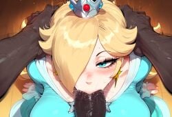 ai_generated bimbo blonde_hair blue_eyes dark-skinned_male dominant_male nintendo princess_rosalina submissive_female super_mario_bros. zawuardo