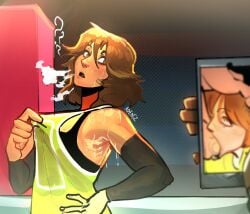 1girls adeniz armpits brown_hair fellatio female oc oral original original_character phone sports_uniform sportswear sweat sweating sweaty