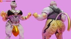 3d_(artwork) 5_fingers anthro arm_tattoo ass big_butt bikini biped bulge camseven cheek_tuft chest_tattoo clothing detailed_bulge digital_media_(artwork) domestic_cat epic_games eye_scar facial_scar facial_tuft felid feline felis fingers fortnite fur fur_tuft gold_body hair hi_res leg_tattoo male mammal meowdas mouth_closed muscular muscular_anthro muscular_male neck_tattoo patreon patreon_logo pecs pink_background scar simple_background solo swimwear tail tattoo tuft two-piece_swimsuit white_body white_fur