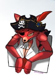 2d animatronic animatronic_female animatronic_girl anthro ass ass big_breasts black_eyebrows black_nose box cleavage five_nights_at_freddy's fnaf foxy foxy_(fnaf) foxy_(mayosplash) gift gift_box heels microvoltz orange_eyes pirate pirate_hat red_body red_fur red_hair robot robot_girl