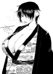 bandaged_head bandages big_breasts cleavage female female_only genderswap_(mtf) gintama hair_over_one_eye haori huge_breasts kimono kiseru looking_at_viewer monochrome no_bra pipe rule_63 sayume short_hair smile smoking smoking_pipe solo takasugi_shinsuke upper_body very_short_hair