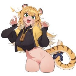 :d absurdres animal_ear_fluff animal_ears ass_visible_through_thighs black_shirt blonde_hair bottomless breast_pocket breasts claw_pose collared_shirt commentary contrapposto cropped_legs cute_fangs fangs female green_eyes green_nails hair_intakes hands_up highres jacket ju_fufu kemonomimi large_breasts long_hair looking_at_viewer maidcousin nail_polish navel open_clothes open_jacket open_mouth painted_nails pocket pussy ribbon shirt simple_background solo tail thighs tiger_ears tiger_girl tiger_tail uncensored white_background zenless_zone_zero