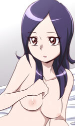 bed bed_sheet breasts eyelashes female fresh_precure! gradient gradient_background higashi_setsuna long_hair lying manji_(tenketsu) nipples nude open_mouth precure pretty_cure purple_hair red_eyes sketch small_breasts solo white_background